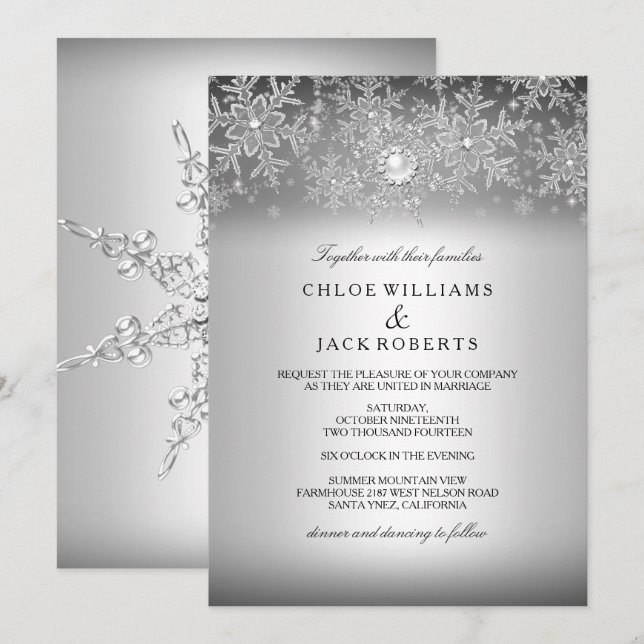 Invitation Mariage de cristal perle flocon de neige argent hi (Devant / Derrière)