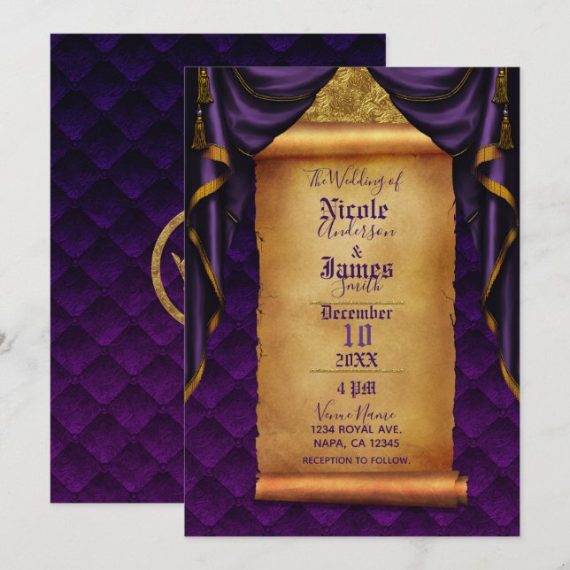 Invitation Mariage de défilement Royal Purple & Gold Draps (Devant / Derrière)