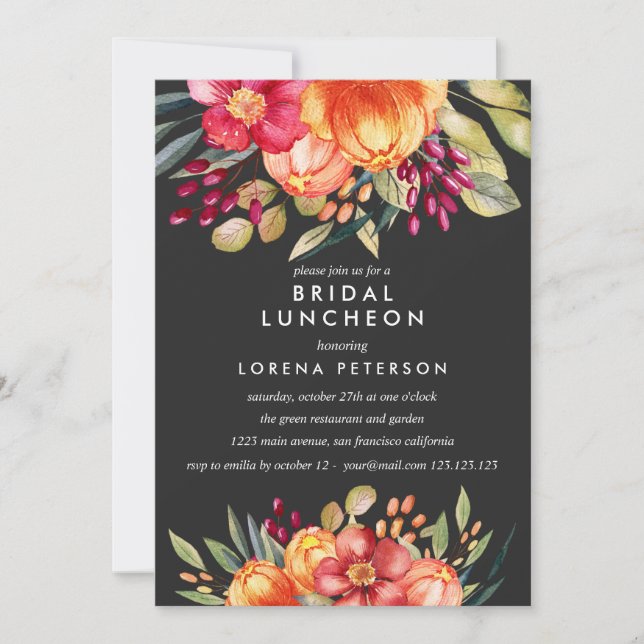 Invitation Mariage de déjeuner nuptiale de fleurs peintes gri (Devant)