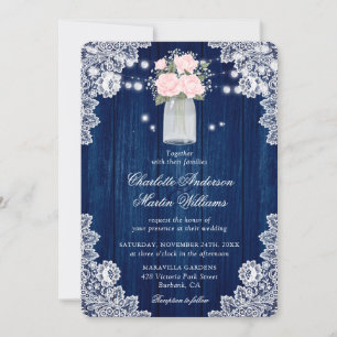 Invitation Mariage de dentelle bleu et blanc de la marine rus