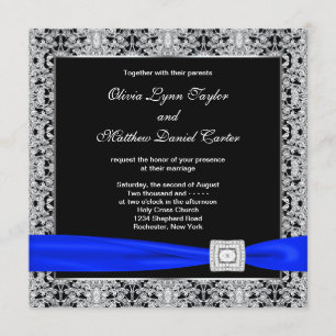 Invitation Mariage de dentelle d'argent noir Royal Blue