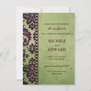 Invitation Mariage de dentelle d'aubergine et d'olive Damas B