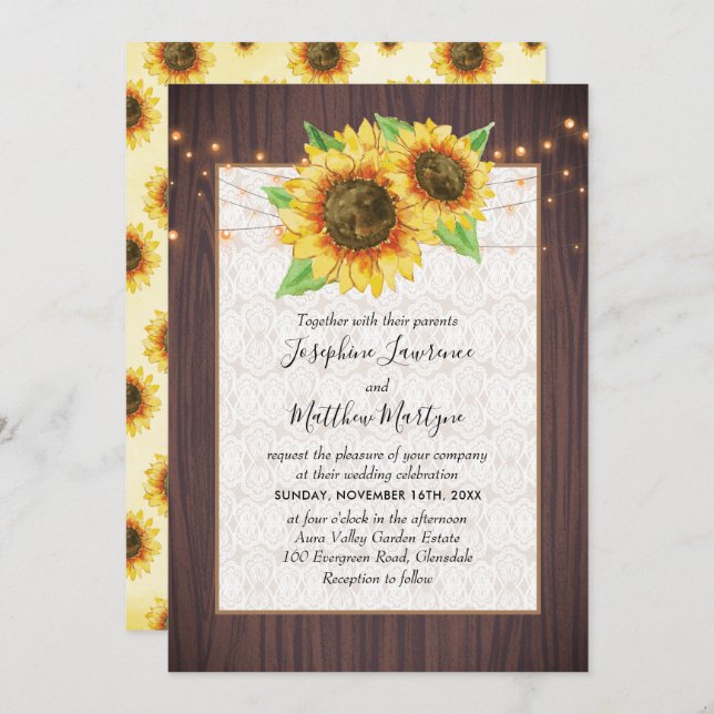 Invitation Mariage de dentelle de tournesol rustique (Devant / Derrière)