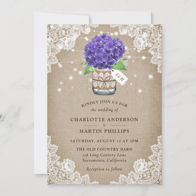 Invitation Mariage de dentelle d'Hydrangea Burlap violet rust (Devant)