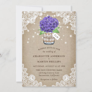 Invitation Mariage de dentelle d'Hydrangea Burlap violet rust
