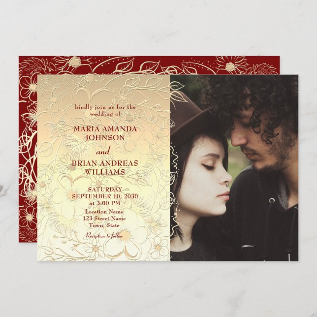 Invitation Mariage de dentelle d'or Floral (Devant / Derrière)