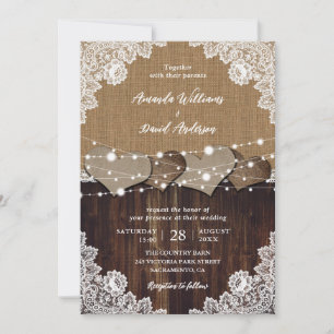 Invitation Mariage de dentelle en bois rustique