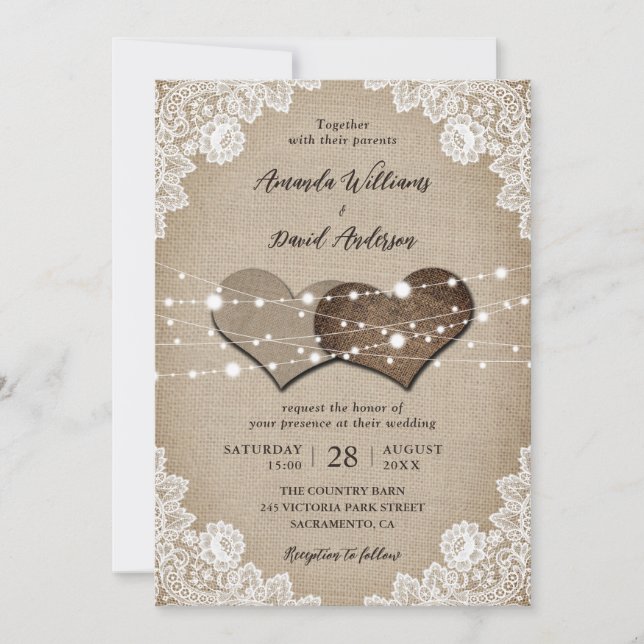 Invitation Mariage de dentelle en bois rustique (Devant)