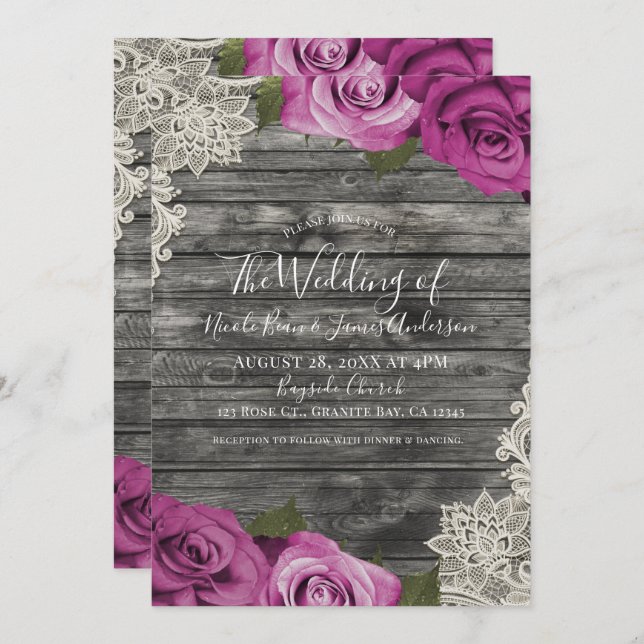 Invitation Mariage de dentelle en bois rustique Fuchsia rose  (Devant / Derrière)