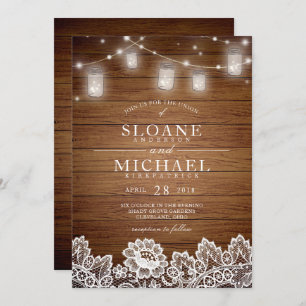 Invitation Mariage de dentelle en bois rustique Mason Jar