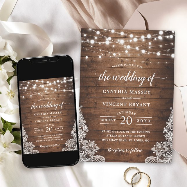 Invitation Mariage de dentelle en bois rustique Twinkle (Perfect for couples planning a rustic-themed wedding with a touch of enchantment and romance.)