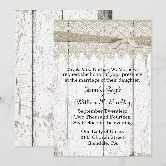 Invitation Mariage de dentelle et bois blanchi blanc de Shabb (Devant / Derrière)