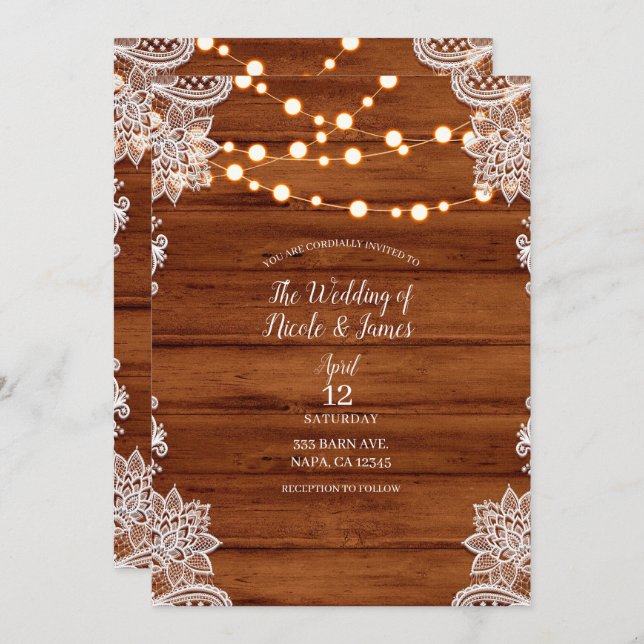 Invitation Mariage de dentelle et de cordes en bois rustique (Devant / Derrière)