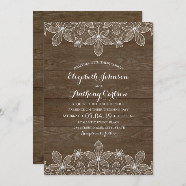 Invitation Mariage de dentelle et perles de bois rustique (Devant / Derrière)