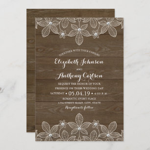 Invitation Mariage de dentelle et perles de bois rustique