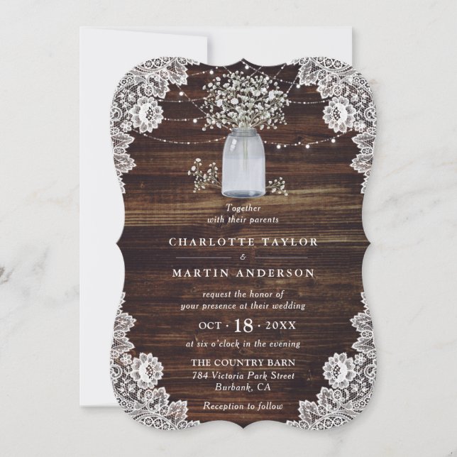 Invitation Mariage de dentelle fleurie en bois de jarre pour  (Devant)
