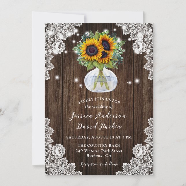Invitation Mariage de dentelle fleurie en bois de tournesol (Devant)