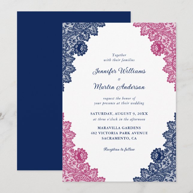 Invitation Mariage de dentelle florale bleu et rose de la mar (Devant / Derrière)