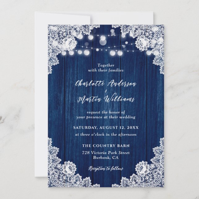 Invitation Mariage de dentelle florale bleu marine (Devant)