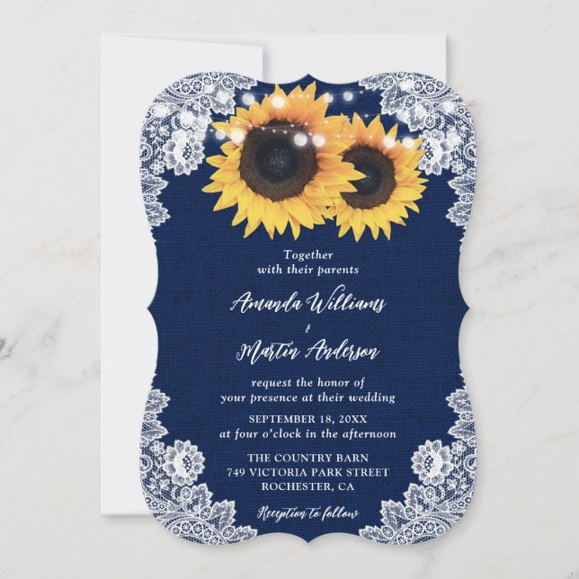 Invitation Mariage de dentelle florale de la Marine (Devant)
