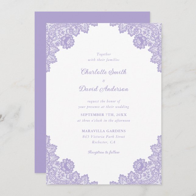 Invitation Mariage de dentelle florale de lavande (Devant / Derrière)