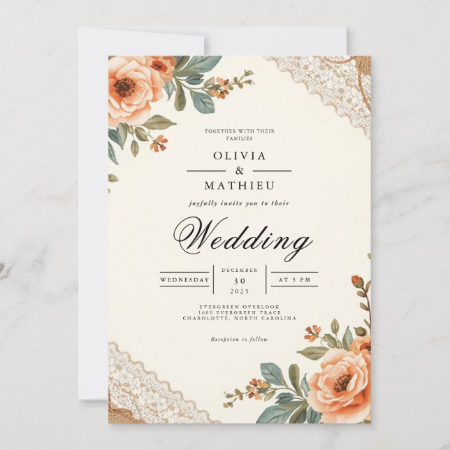 Invitation Mariage de dentelle florale rustique (Devant)