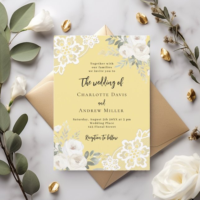 Invitation Mariage de dentelle jaune crème à beurre (Créateur téléchargé)