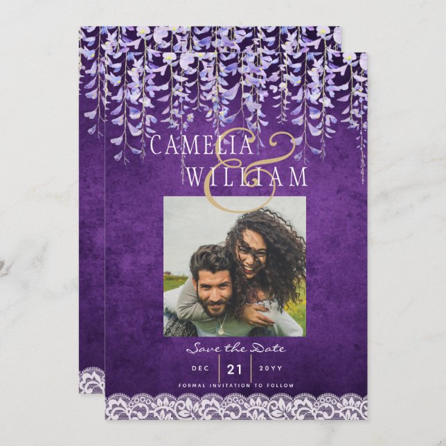 Invitation Mariage de dentelle moderne violet (Devant / Derrière)
