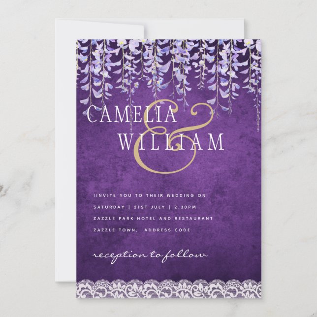Invitation Mariage de dentelle moderne violet (Devant)