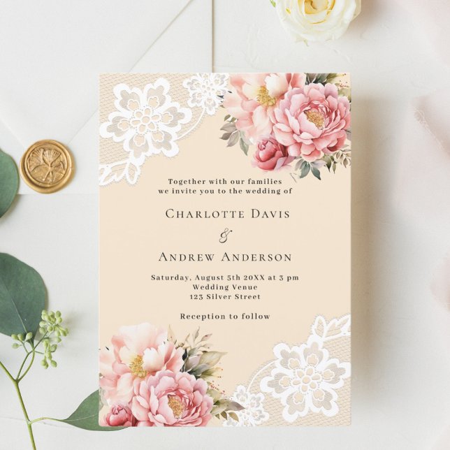 Invitation Mariage de dentelle rose beige rose floraux or ros (Créateur téléchargé)