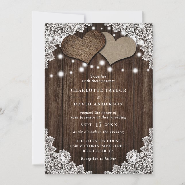 Invitation Mariage de dentelle Rustique Burlap (Devant)