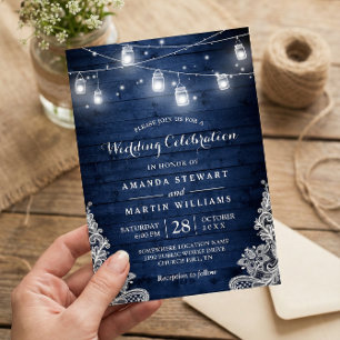 Invitation Mariage de dentelle rustique de minuit bleu