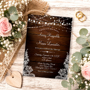 Invitation Mariage de dentelle rustique en bois et cordes
