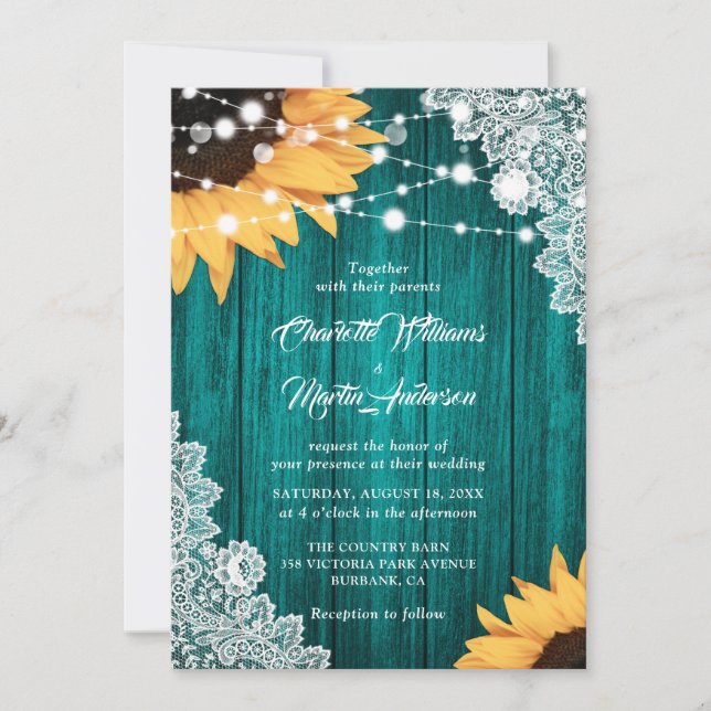 Invitation Mariage de dentelle turquoise de tournesol en bois (Devant)