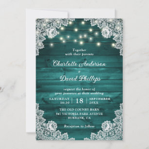 Invitation Mariage de dentelle Turquoise en bois rustique
