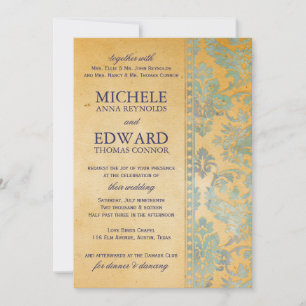 Invitation Mariage de dentelle vintage bleu glace Damask