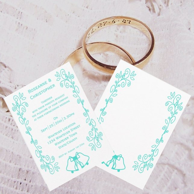 Invitation Mariage de design de défilement de cloches turquoi (Turquoise wedding invitation bells scrollwork design)