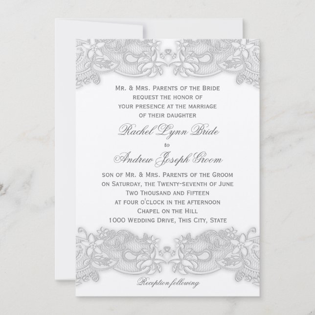 Invitation Mariage de design gris argenté floral victorien (Devant)