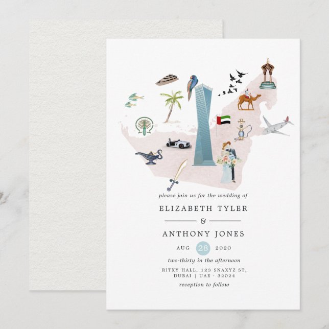 Invitation Mariage de destination à Dubaï UAE à l'aquarelle (Devant / Derrière)