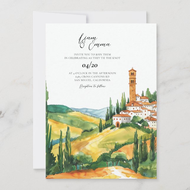 Invitation Mariage de Destination à l'Aquarelle Toscane (Devant)