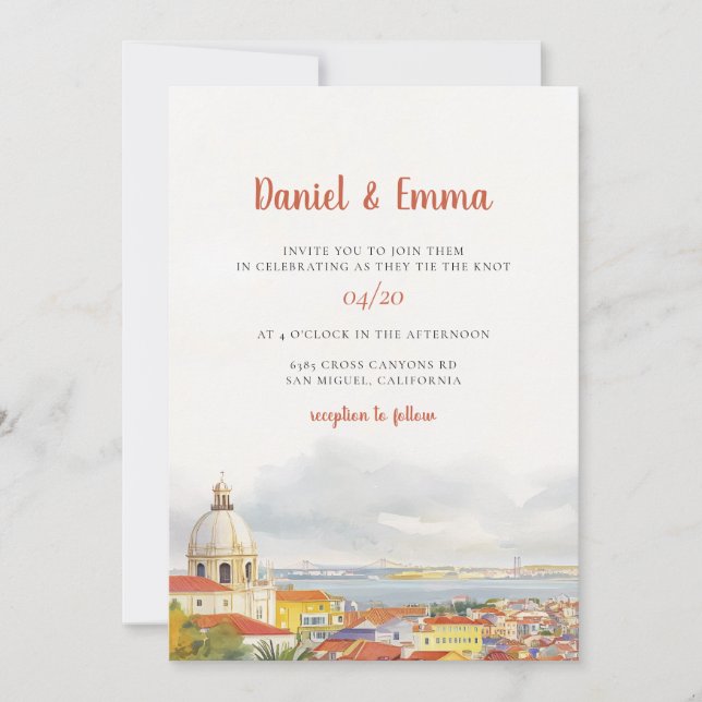 Invitation Mariage de destination à Lisbonne aquarelle (Devant)