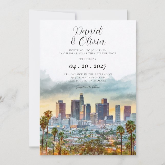 Invitation Mariage de destination à Los Angeles aquarelle (Devant)