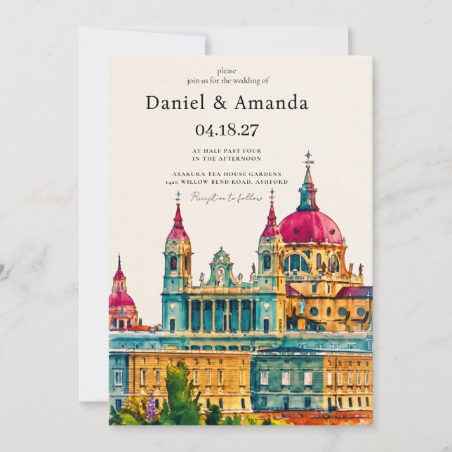 Invitation Mariage de destination à Madrid Espagne aquarelle (Devant)