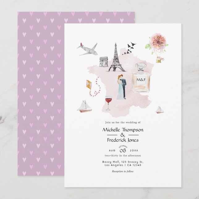 Invitation Mariage de destination à Paris à l'aquarelle Monog (Devant / Derrière)