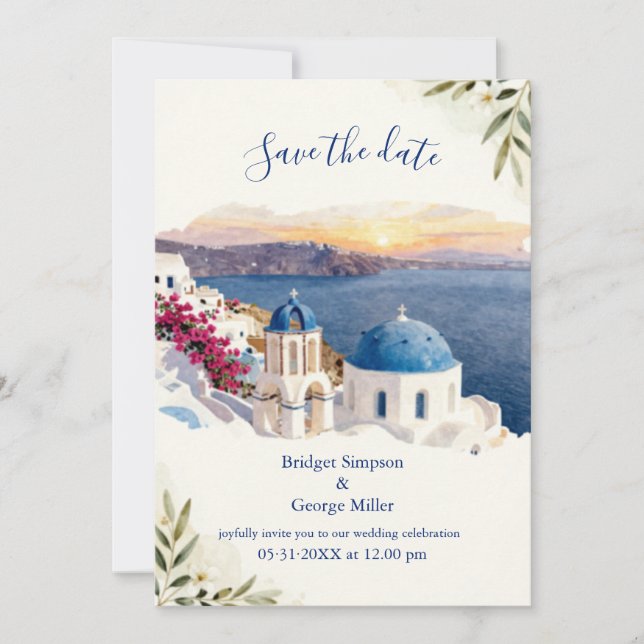 Invitation Mariage de destination à Santorin bleu aquarelle (Devant)