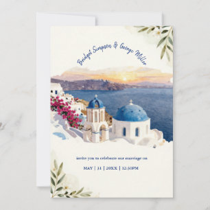 Invitation Mariage de destination à Santorin bleu aquarelle