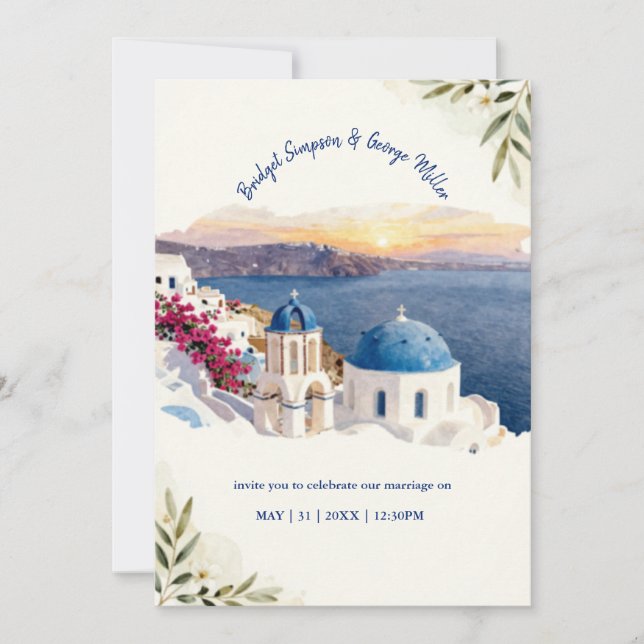 Invitation Mariage de destination à Santorin bleu aquarelle (Devant)