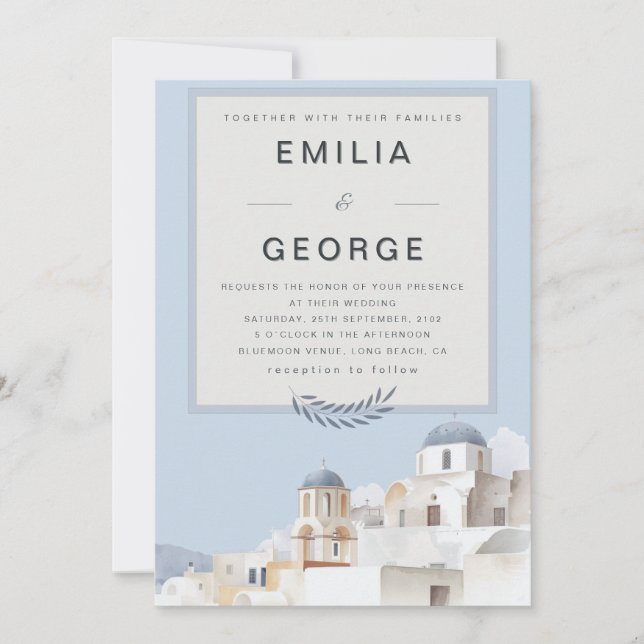 Invitation Mariage de destination à Santorin | Bleu et blanc  (Devant)
