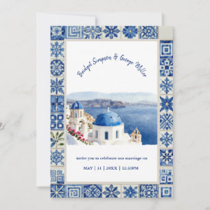 Invitation Mariage de destination à Santorin en carreaux bleu