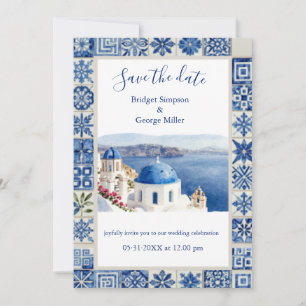 Invitation Mariage de destination à Santorin en carreaux bleu